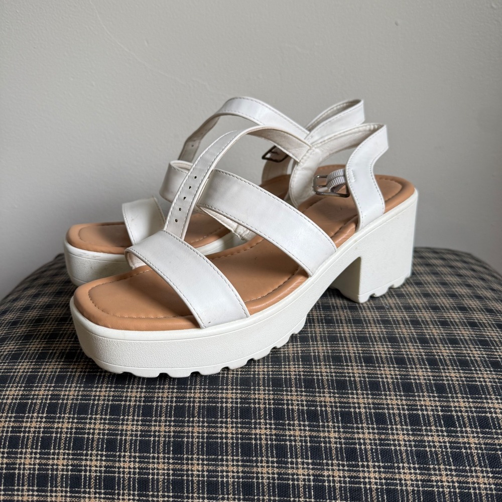 Mysoft Strappy Lug Sole Platform Block Heel Sandals Size 9 White